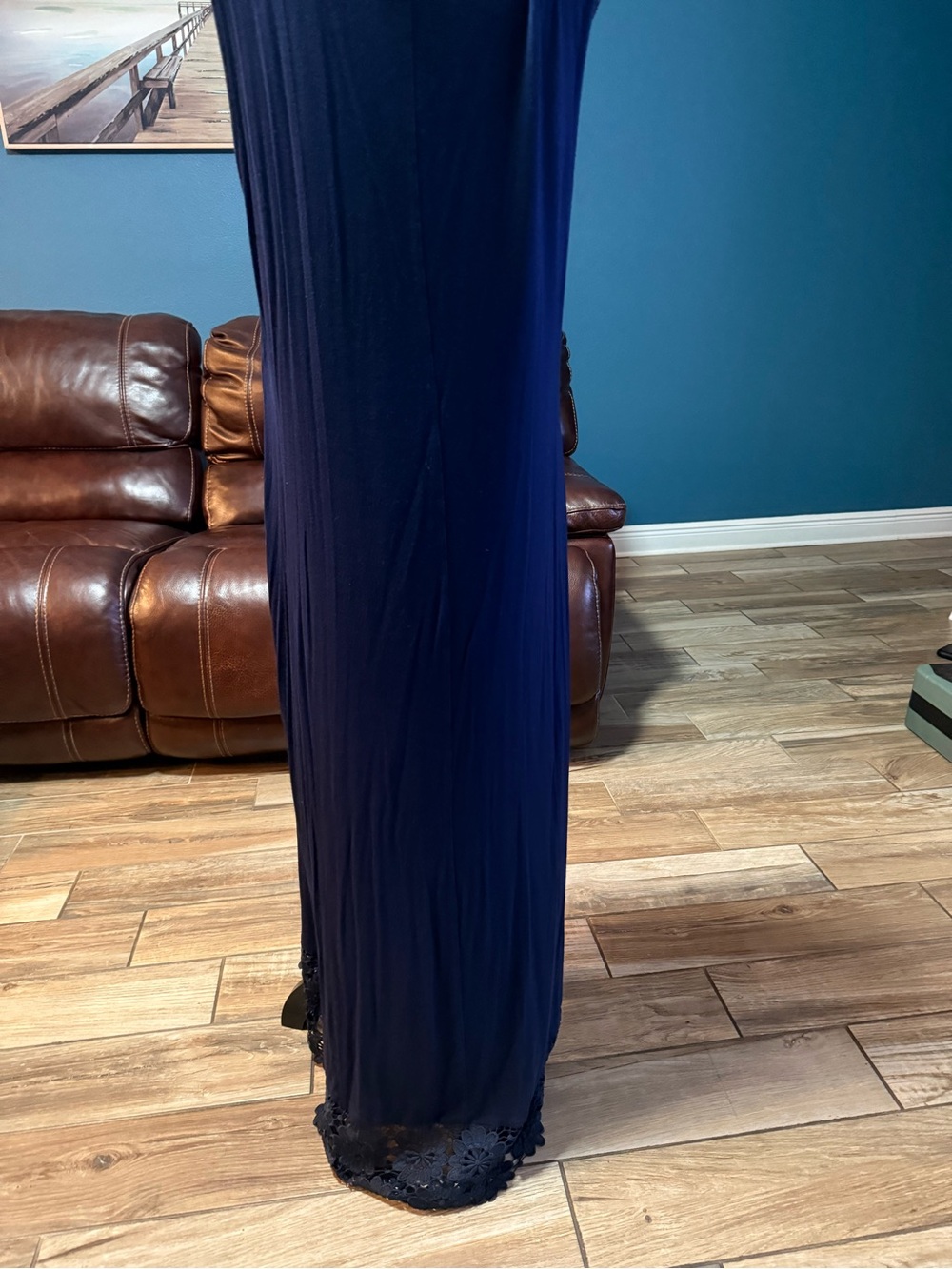 Nina Leonard Navy Sleeveless V-Neck Maxi with Lace Hem - Picture 3 of 5